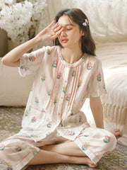 Yay üçün yastıqlı pijama, qadınlar üçün yeni üslub, təmiz pambıqdan qısaqol kəsikli şalvar, şirin çiçəkli krujeva kostyumu, boş ev paltarı