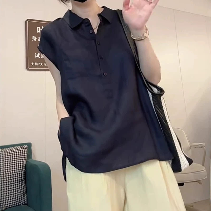 Avropa üslubunda, yüksək keyfiyyətli qara rəngli, qadınlar üçün qısaqol polo köynək, yeni yay üslubunda, arıqladıcı, geniş və çoxfunksiyalı top.