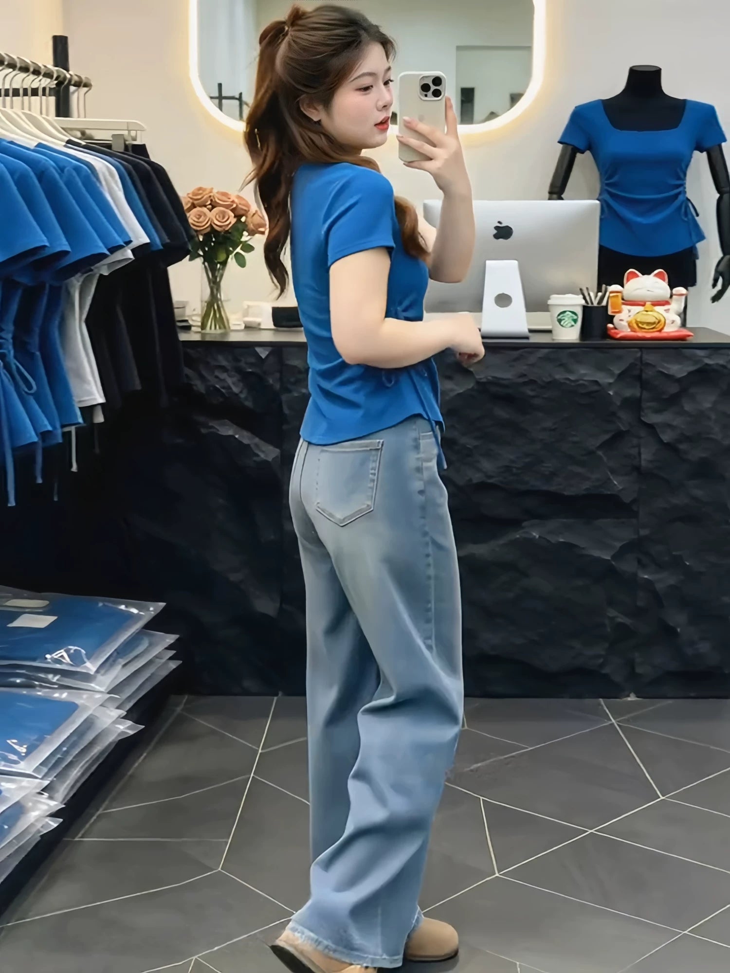 Qadınlar üçün mavi kvadrat boyunlu cızıqlı bel qısaqol köynək 2026 yay çox yönlü incə fit kəmərli arıqlayan top
