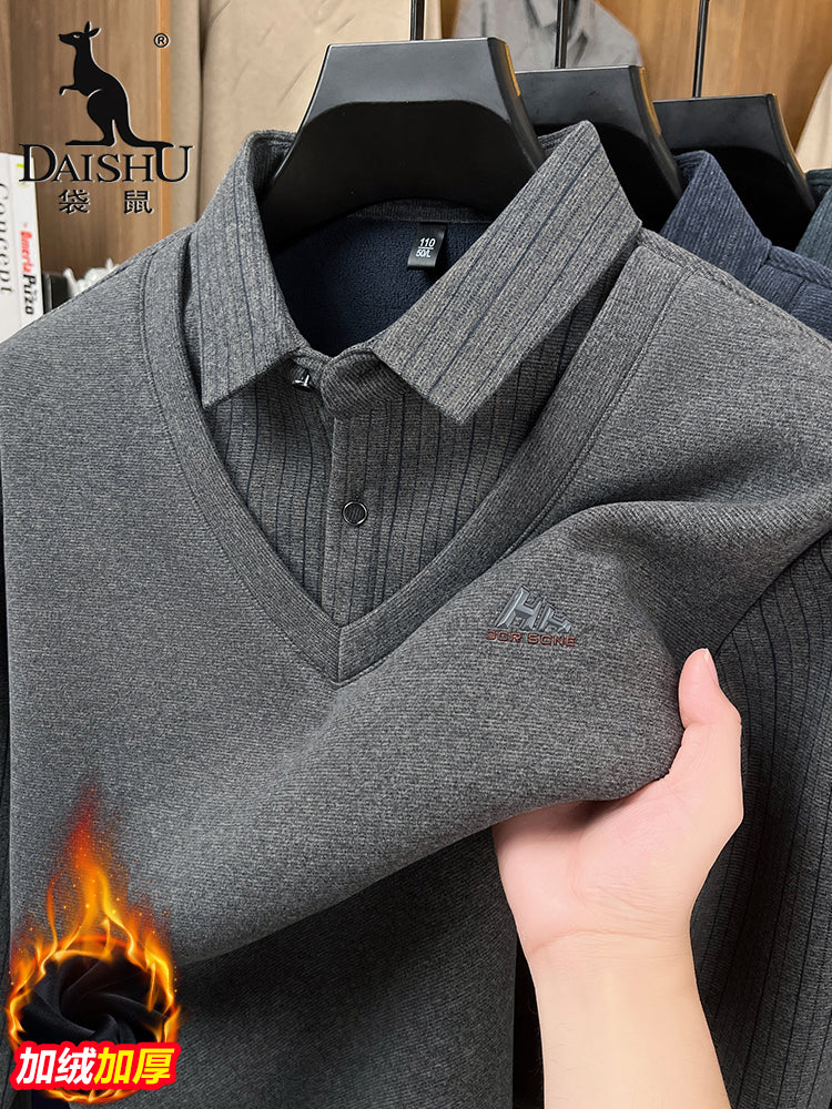 Kişilər üçün kenquru qış sviteri, süni iki hissəli, ata üslubunda, flis astarlı, qalınlaşdırılmış, yaxalıqlı, orta yaşlı və yaşlılar üçün isti və gündəlik əsas qat.