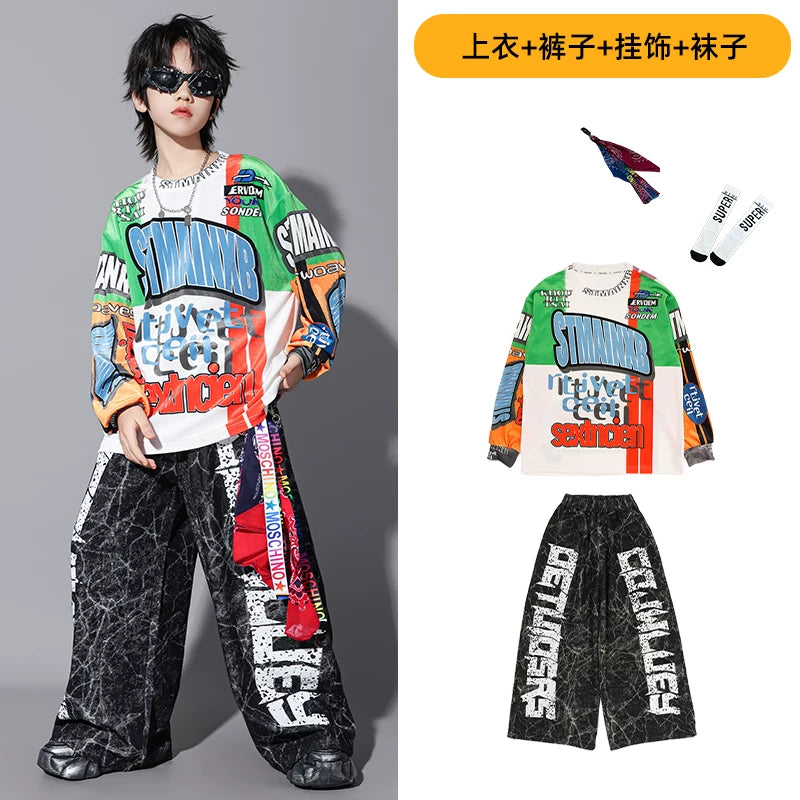 Uşaq küçə rəqsi tamaşası kostyumu, oğlan və qızlar üçün hip-hop üslubunda küçə tərzi geyimi, Yeni il günü üçün sərin və dəbli tamaşa geyimi.