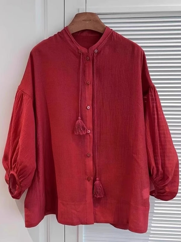 Böyük Ölçülü Qadın Üç Dörddə Bir Qollu Qırmızı Günəşdən Qoruyucu Köynək, Yay Nazik Püsküllü Qalstuk, Boş Oturacaqlı Super Arıqladıcı Köynək