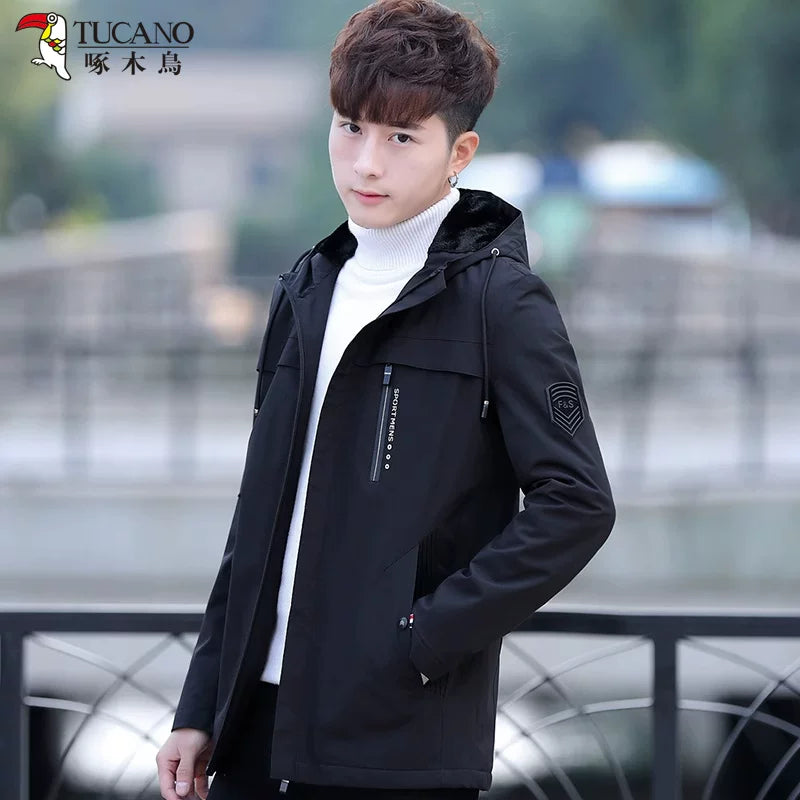 Woodpecker 2025 Payız/Qış Yeni Kişilər üçün Başlıqlı Gündəlik Küləkdən Qoruyucu, Yun astarlı Qalın Üst Geyim