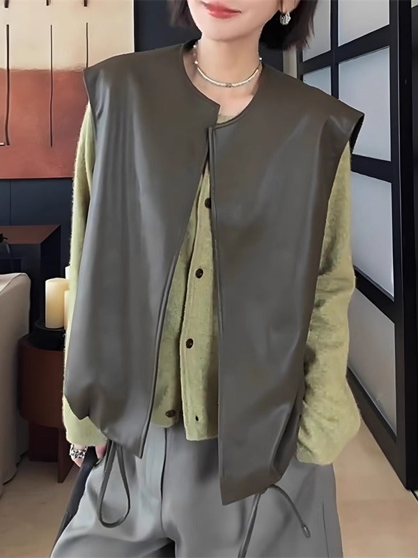 Qadınlar üçün böyük ölçülü, yüksək keyfiyyətli, vintage üslubunda qolsuz dəri jilet, yeni yaz üslubunda, geniş formada, arıqlama üçün.