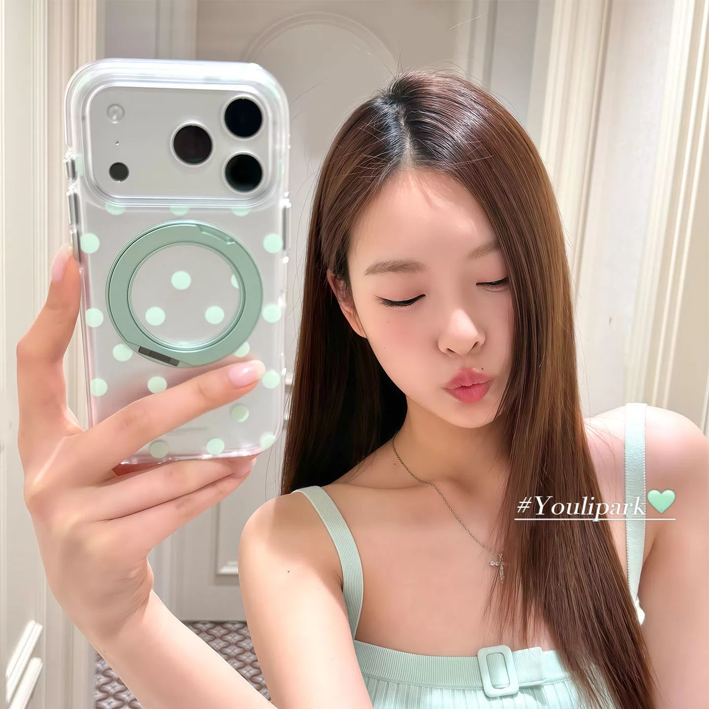 Yuri Park ins Koreya nanə yaşıl ləkəli fırlanan maqnit stend 17 17pro Apple 17ProMax mobil telefon qutusu iPhone16 hər şey daxil 14 yeni 16Promax qadınlar üçün qoruyucu örtük