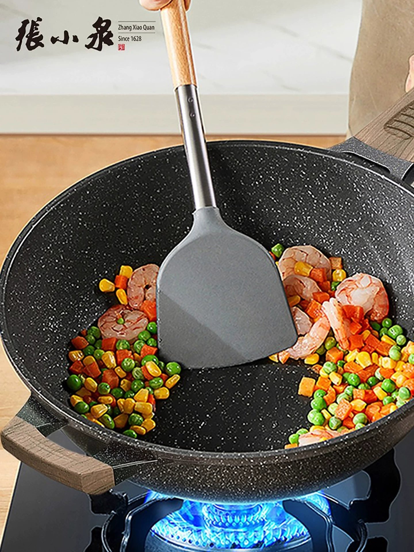 Zhang Xiaoquan silikon spatula yemək spatula, yapışmayan mütəxəssis qızartma qaşığı yemək mətbəxi dərəcəli yüksək temperatura davamlı taxta sap