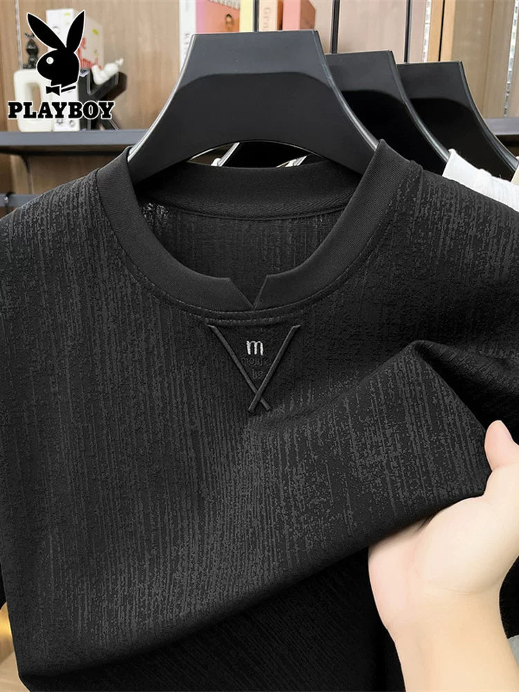 Playboy buz ipək qısaqol kişi yay kiçik V dəyirmi boyun top moda trendi çox yönlü sərin köynək