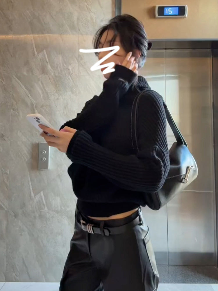 Qadın qara rəngli balıqçı yaxalı sviter, 2025-ci ilin payız/qış mövsümünün yeni, dəbli modeli, unikal və gözəl, toxunmuş üst geyim kimi geyinmək üçün mükəmməldir.