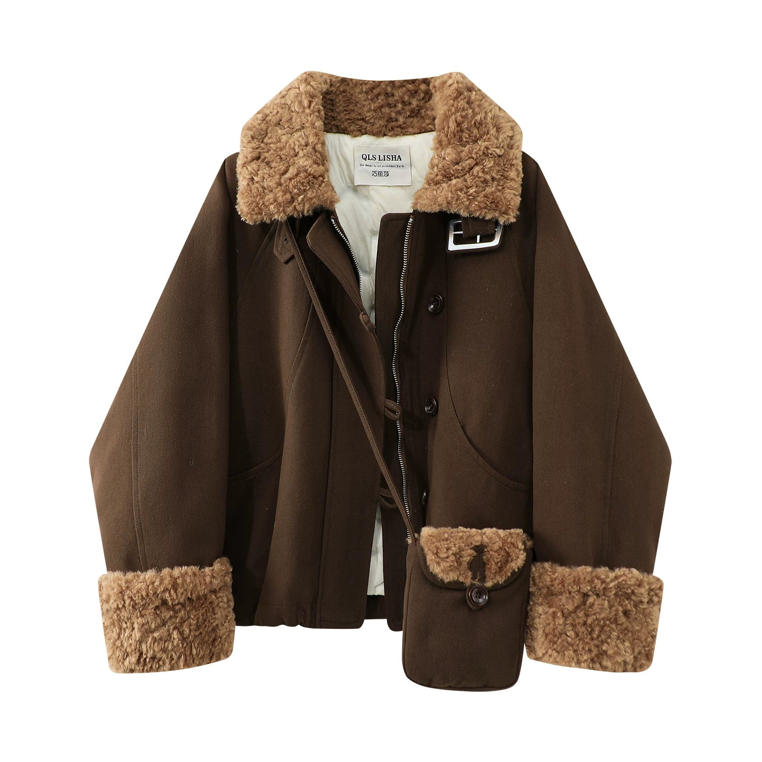 Cholisa-nın quzu yun yaxası ilə qışın əvvəlində qalın paltosu, isti iş geyimi üslubunda aşağıdan hazırlanmış parka qısa topu, qadınlar üçün