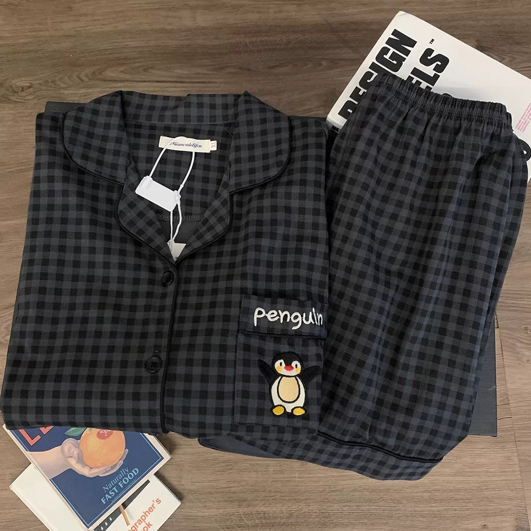 Yayda kişi və qadınlar üçün pijama boz rəngli plaid pinqvin təmiz pambıq qısaqol şort cüt Yapon üslublu pambıq ev geyimi dəsti