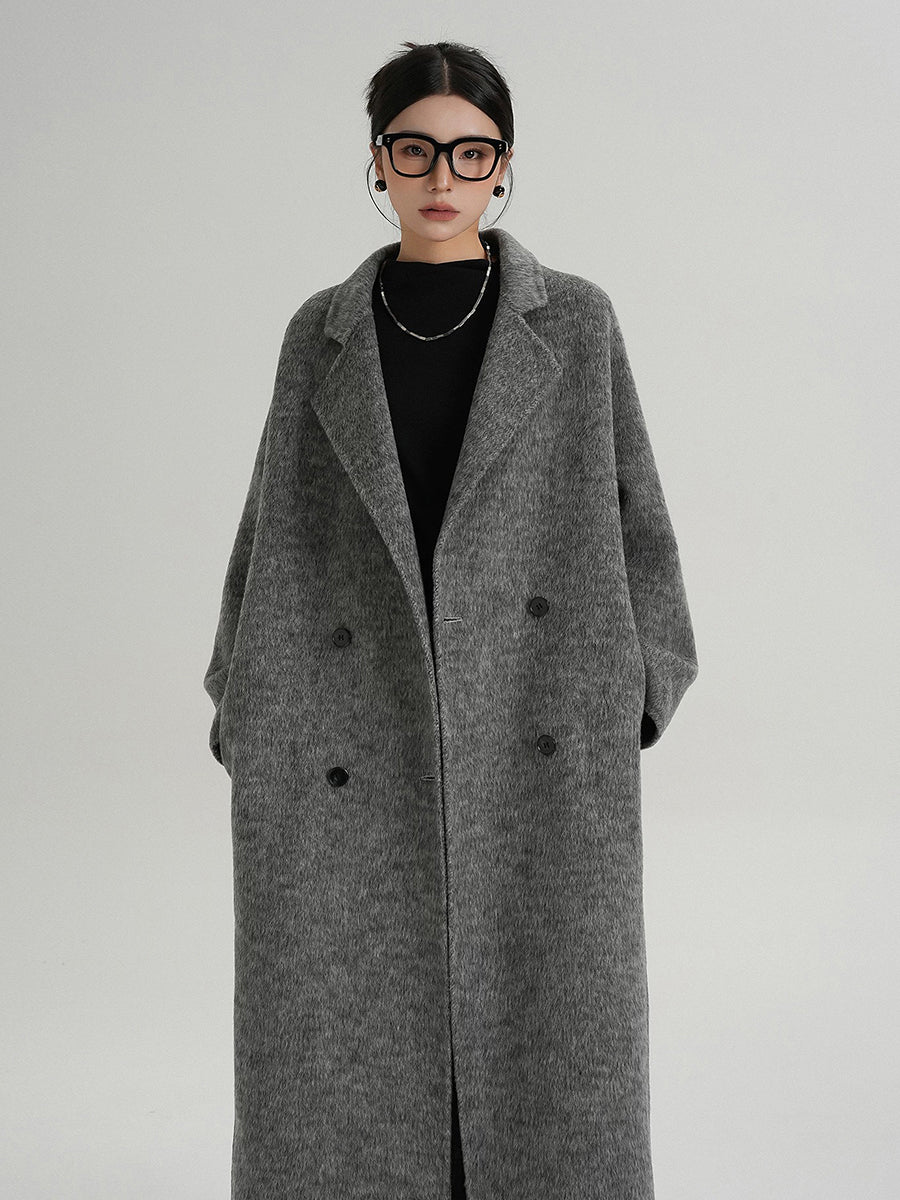 Hündür qadın üçün ikiüzlü yun palto, əlavə uzun, 2025 payız/qış üslubunda, boz, Koreya üslubunda, tüklü yun palto.