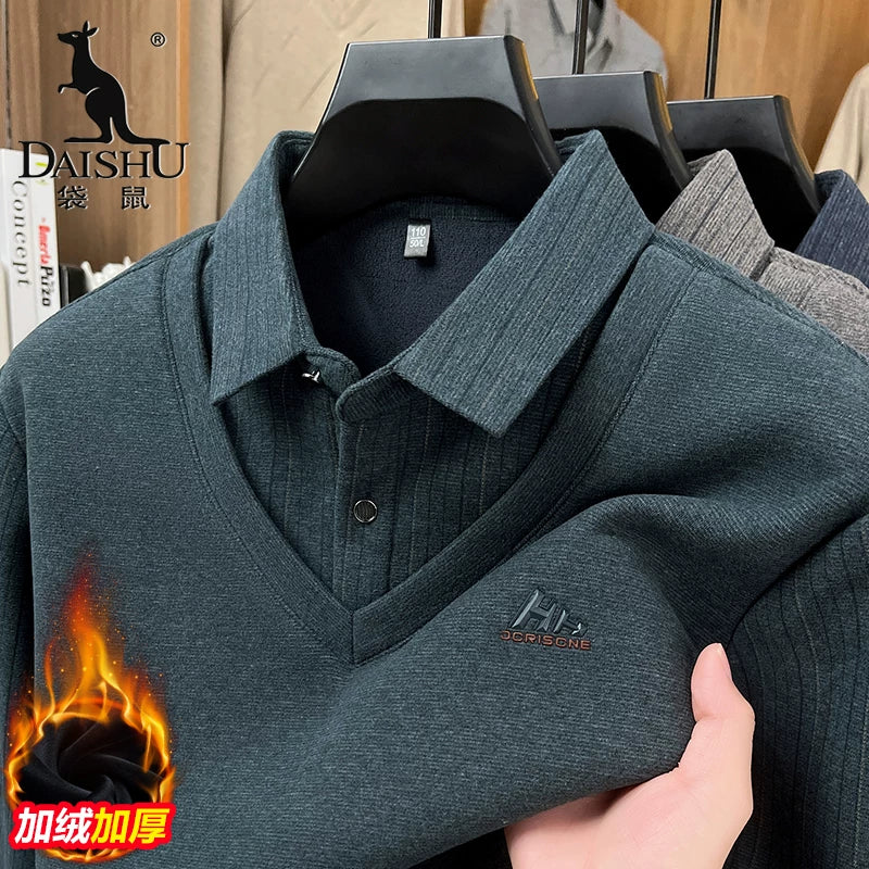 Kişilər üçün kenquru qış sviteri, süni iki hissəli, ata üslubunda, flis astarlı, qalınlaşdırılmış, yaxalıqlı, orta yaşlı və yaşlılar üçün isti və gündəlik əsas qat.