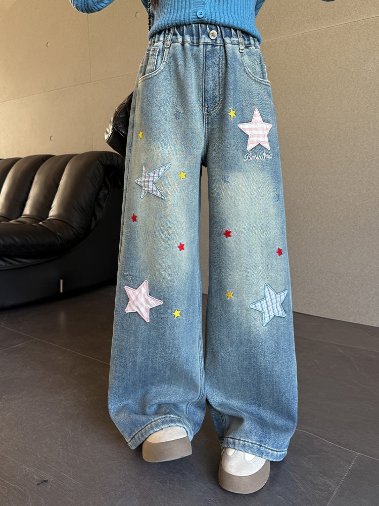 Qızlar üçün yun astarlı şalvar, payız/qış üslubunda, 2025 yeni üslubunda, böyük uşaqlar üçün enli ayaqlı şalvar, qış üçün qalınlaşdırılmış gündəlik cins şalvar.