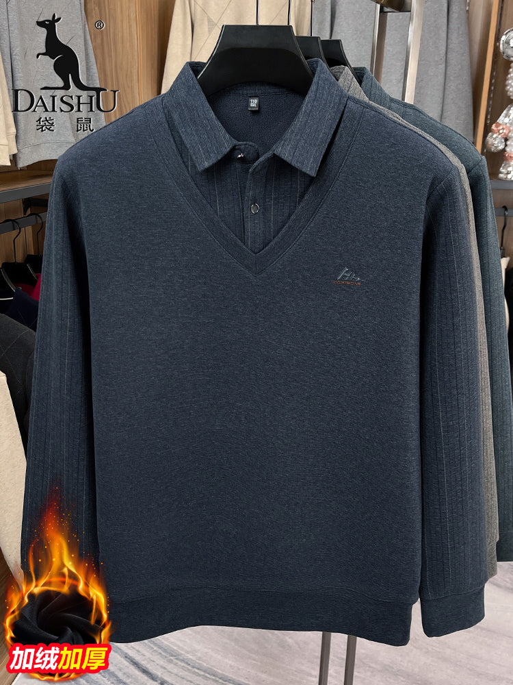 Kişilər üçün kenquru qış sviteri, süni iki hissəli, ata üslubunda, flis astarlı, qalınlaşdırılmış, yaxalıqlı, orta yaşlı və yaşlılar üçün isti və gündəlik əsas qat.