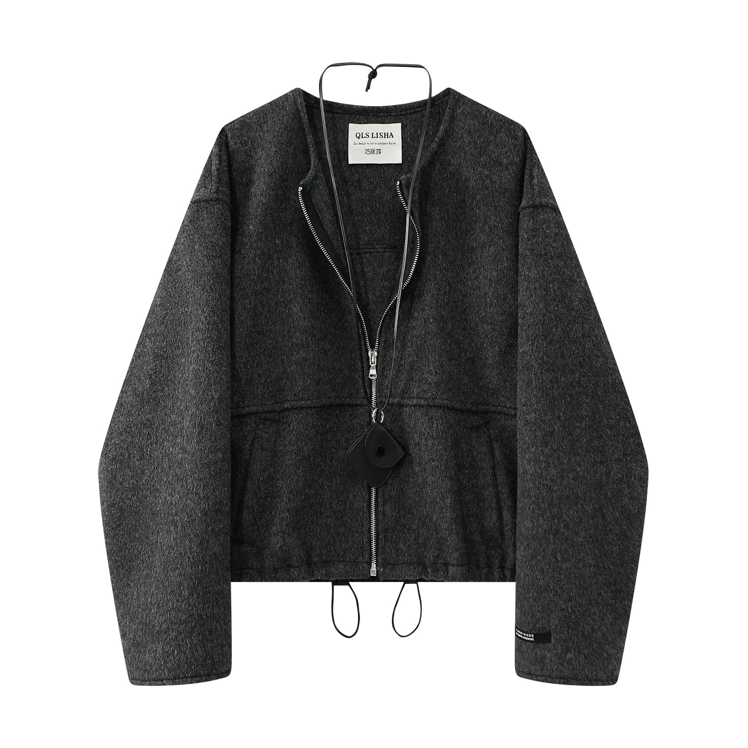 Qiaolisha-nın qadınlar üçün unikal və super gözəl boz yun paltosu, payız və qış, yun fermuarlı gödəkçə, Koreya üslubunda, qalınlaşdırılmış, qısa model.