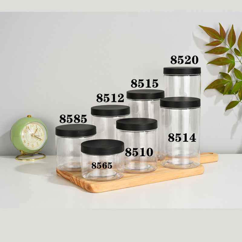 85 qara şaxtalı qapaq qalınlaşdırılmış şəffaf plastik banka pet möhürlənmiş banka qoz bal qablaşdırma toz keçirməyən plastik şüşə