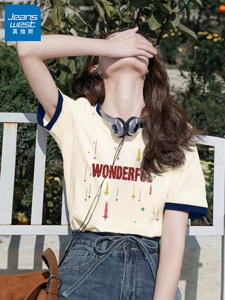 Jeanswest Sağ Çiyin Qısaqol T-shirt Qadın Yay 2026 Yeni Dikişli Kontrast Rəngli Saf Pambıq Yarımqol T-shirt Çox Yönlü Top X