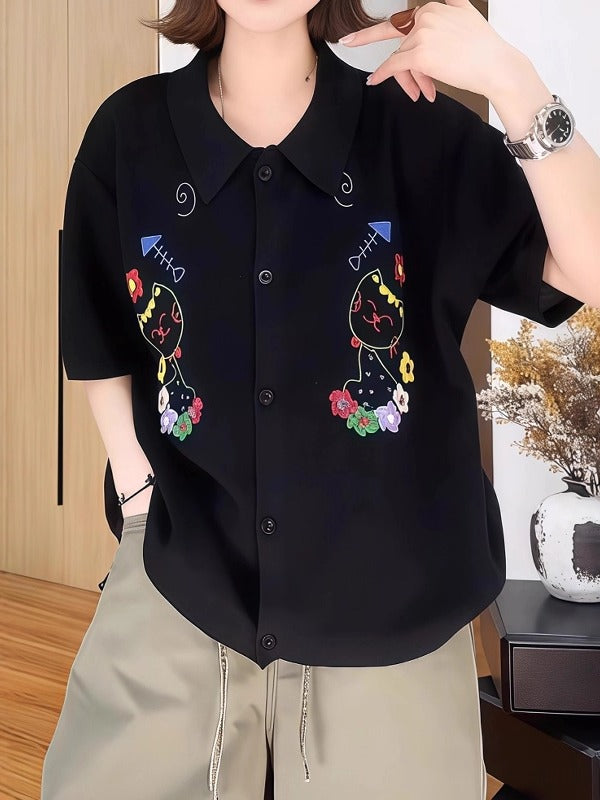 Qadınlar üçün cizgi filmi pişik naxışlı qısaqol futbolka, 2026-cı il yayı, böyük ölçüdə, şık, çoxfunksiyalı, geniş formalı, arıqladıcı köynək.