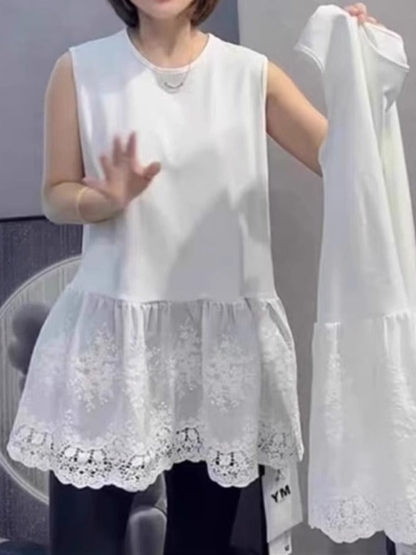 Böyük ölçülü qadın geyimləri, super şirin yeni yaz üslubu, krujeva bəzəkli qolsuz jilet, ətək və geniş ətək, zərif və zərif üslublu top.