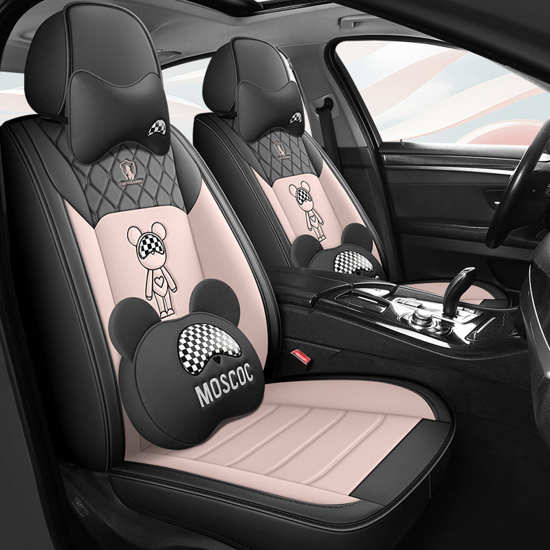 Yeni cizgi filmi avtomobil oturacaq üzlükləri, bütün fəsillər üçün, aşınmaya davamlı, tam dəri oturacaq yastıqları, şirin ayı, tam örtüklü oturacaq üzlükləri.