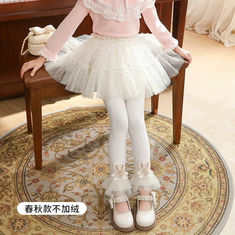 Qızlar üçün bir hissəli ətək şalvarları, 2025-ci ilin yaz və payız mövsümü üçün yeni model uşaq qış geyimləri, flis astarlı, süni iki hissəli leqinslər, ağ, çöldə geyinmək üçün.