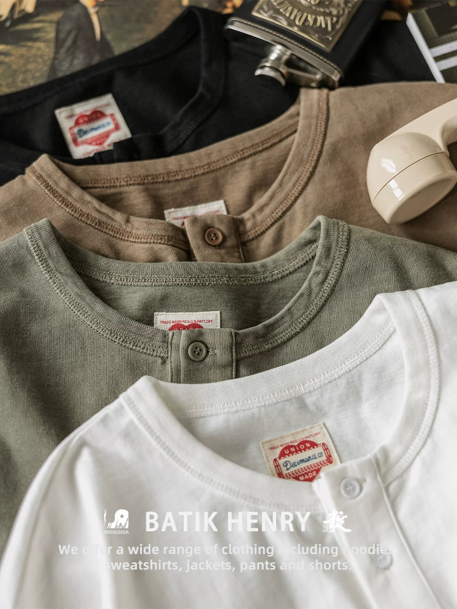 Indigo American Retro Yuyulmuş Batik Henley Köynək T-shirt Çətin Möhkəm Boş Açıq Yaxalıqlı Uzun Qollu Köynək Kişi Yaz
