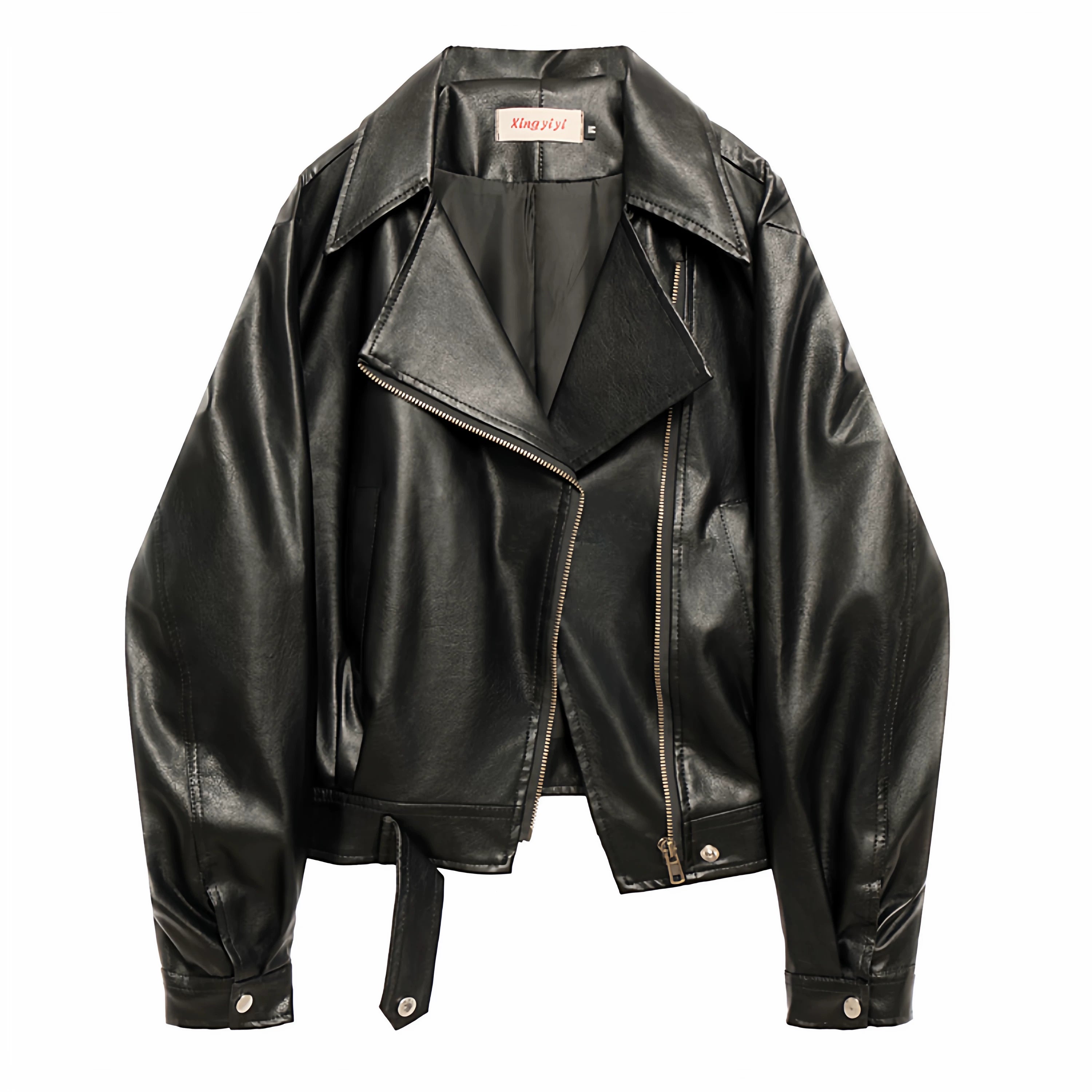 Qadınlar üçün qara yaxalı dəri gödəkçə, 2025 Yeni Amerika Retro Motosiklet Stilində Boş Qısa Gödəkçə Top