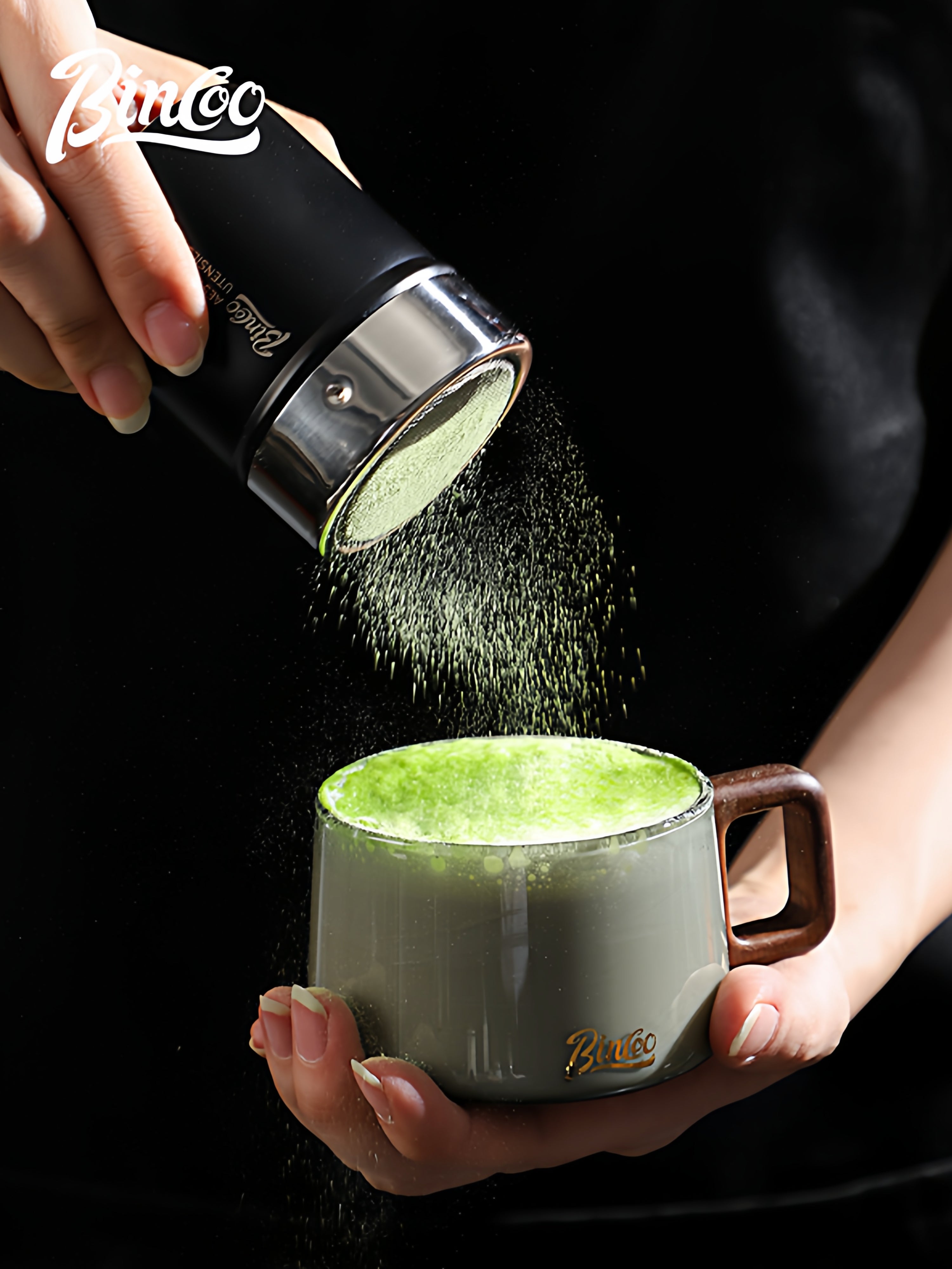 Bincoo toz yayıcı qəhvə tozu matcha kakao tozu şəkər tozu şüşəsi ələk borusu çiləyici toz qabı artefakt latte sənət çapı qəlibi