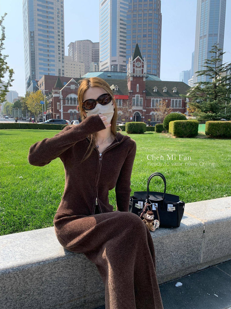 2025 Payız Qara Kapüşonlu Örgü Kardiqan Qadınlar üçün İncə Fit Qısa Sviter İki Hissəli Dəst + Bodycon Ətək Dəsti