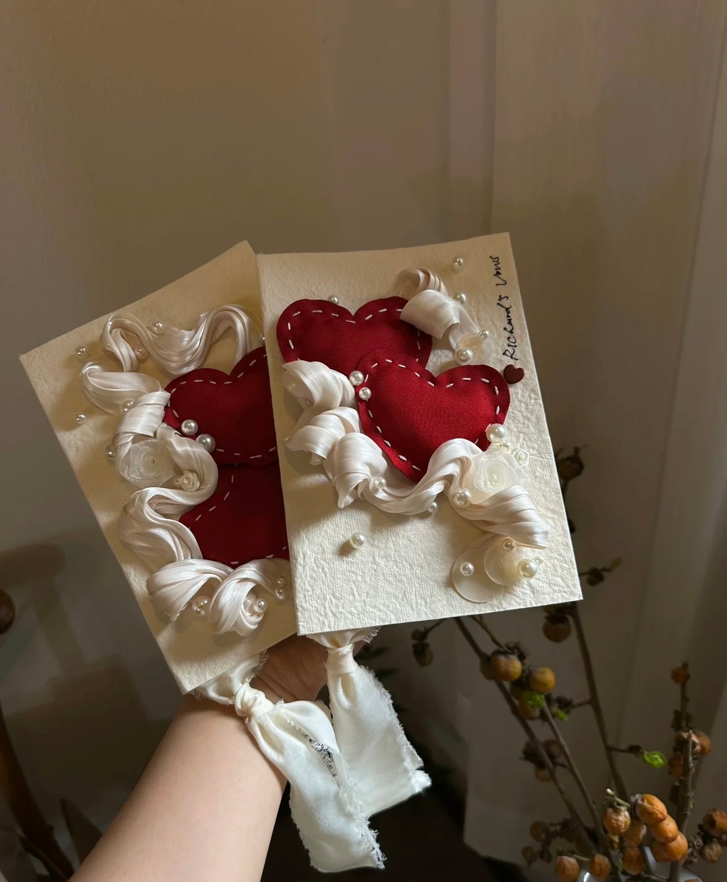 Wedding vows, veils, Dongba paper embroidered with pearls, Angolan red heart-shaped vow cards, vintage style.