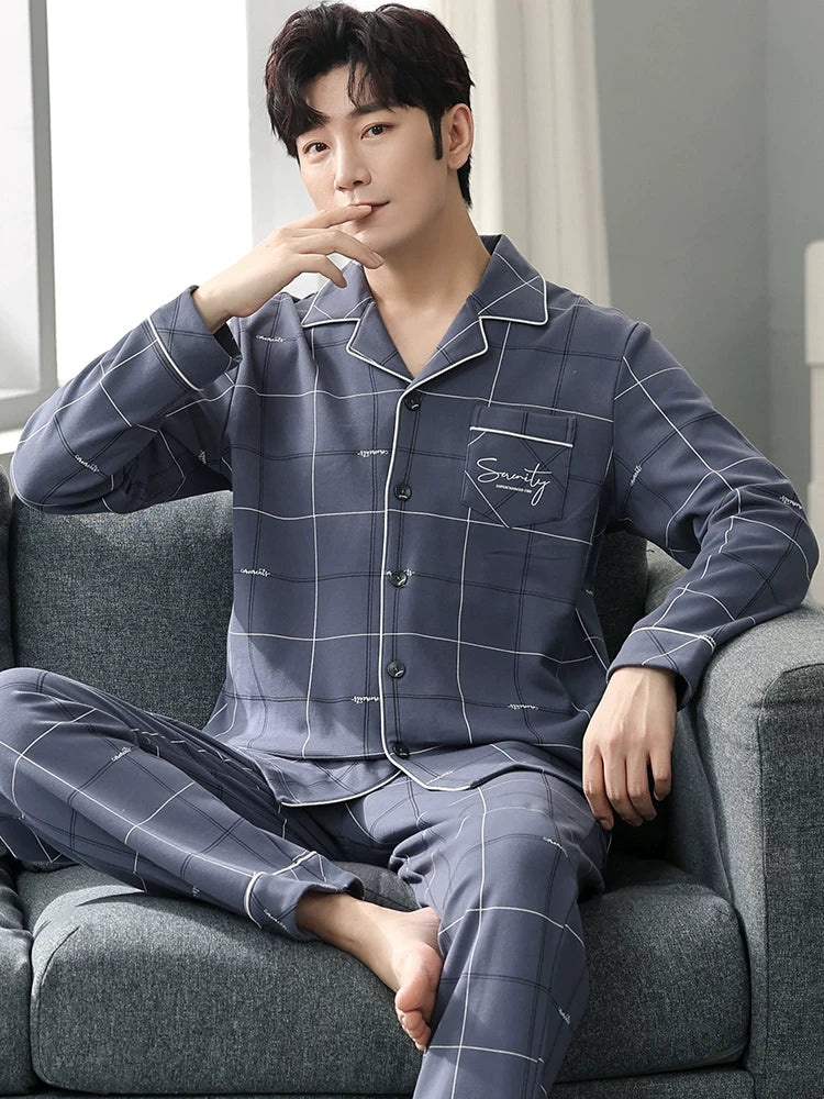 Langsha Kişilər üçün Təmiz Pambıq Pijama 2025 Yeni Yaz və Payız Nazik Uzunqollu Böyük Ölçülü Payız və Qış Kişilər üçün Ev Geyimləri Dəsti