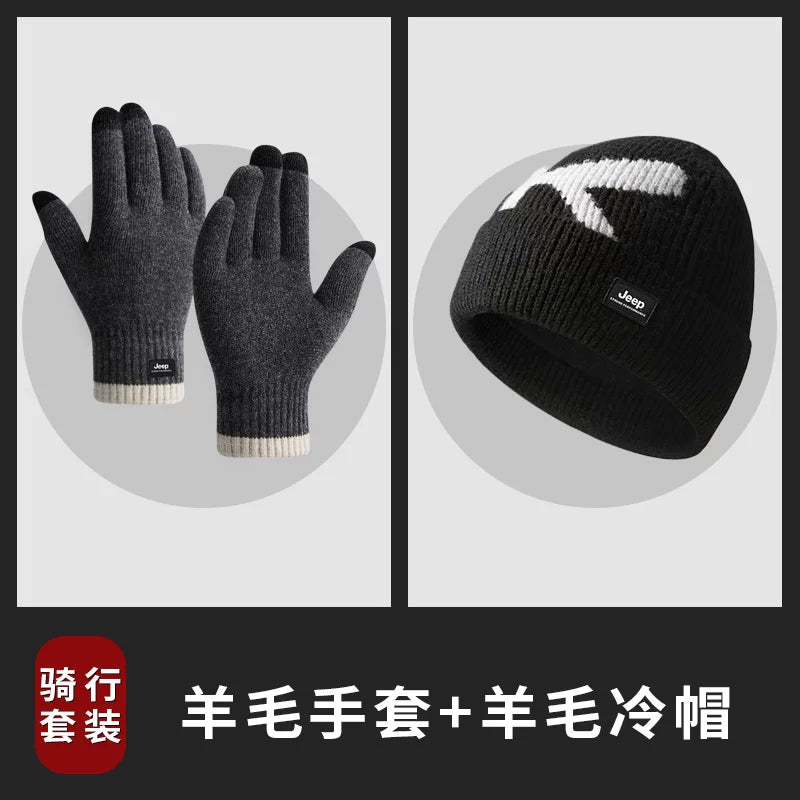 Kişilər üçün Jeep yun qarışığı əlcəkləri, qış üçün daha qalın və isti, toxunma ekranı ilə uyğun, velosiped sürmək üçün küləkdən qoruyur.