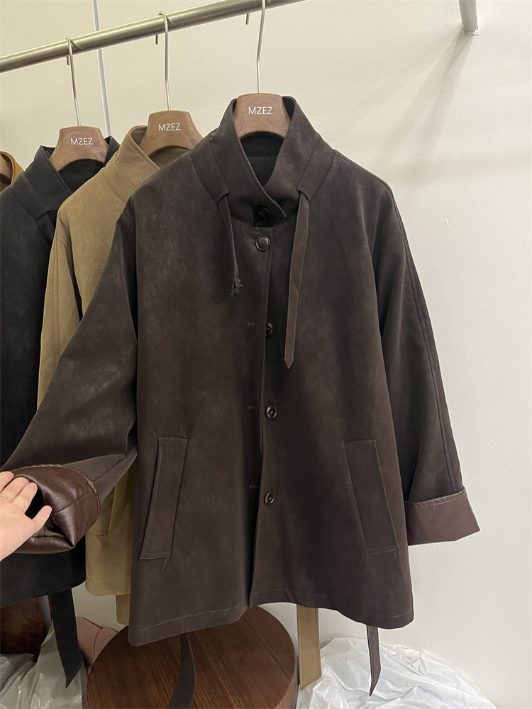 Qadınlar üçün Koreya üslubunda yüksək səviyyəli, dəbli orta uzunluqlu zamşa trençkot, 2025 payız yeni modeli, boş siluetli dizayner palto.