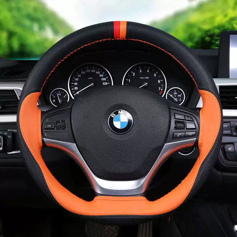 Əl ilə tikilmiş avtomobil sükan örtüyü, idman üslubunda, bütün mövsüm üçün, sürüşməyən, aşınmaya davamlı, orta ölçülü, birləşdirilmiş mikrofiber dəri örtük