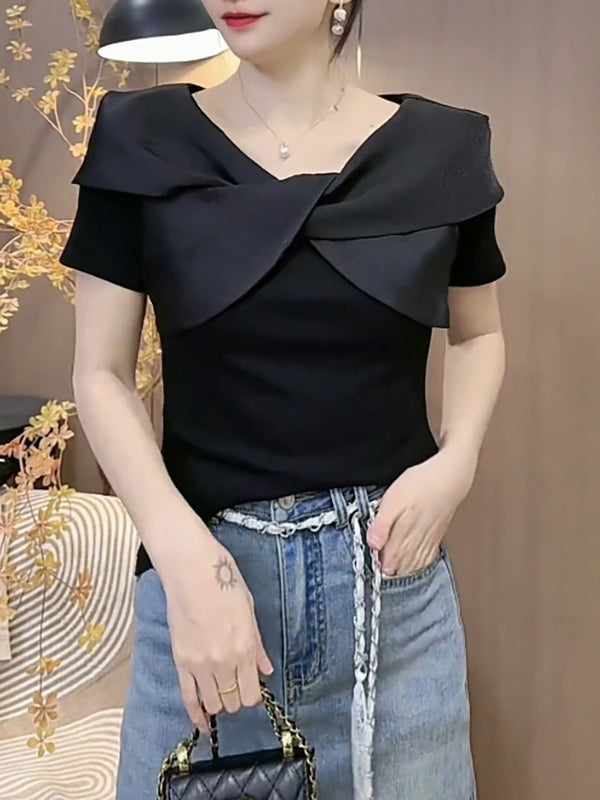 Dəbli və şık çarpaz yaxalı qısaqol köynək, yeni 2026-cı ilin yayı modası, böyük ölçüdə, qadınlar üçün unikal, gözəl və arıqladıcı top.