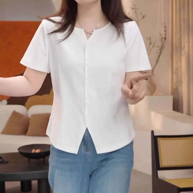 Böyük ölçülü, təmiz pambıq dizaynlı, qadınlar üçün qısaqol köynək, yay, arıqlama üçün, geniş, dəbli və gənclik üçün.