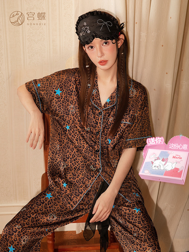 Gongdie [cool type] Disney Marie Cat pijamaları qadınlar üçün yay qısaqol şalvar buz və qar ipək bəbir çaplı ev paltarı