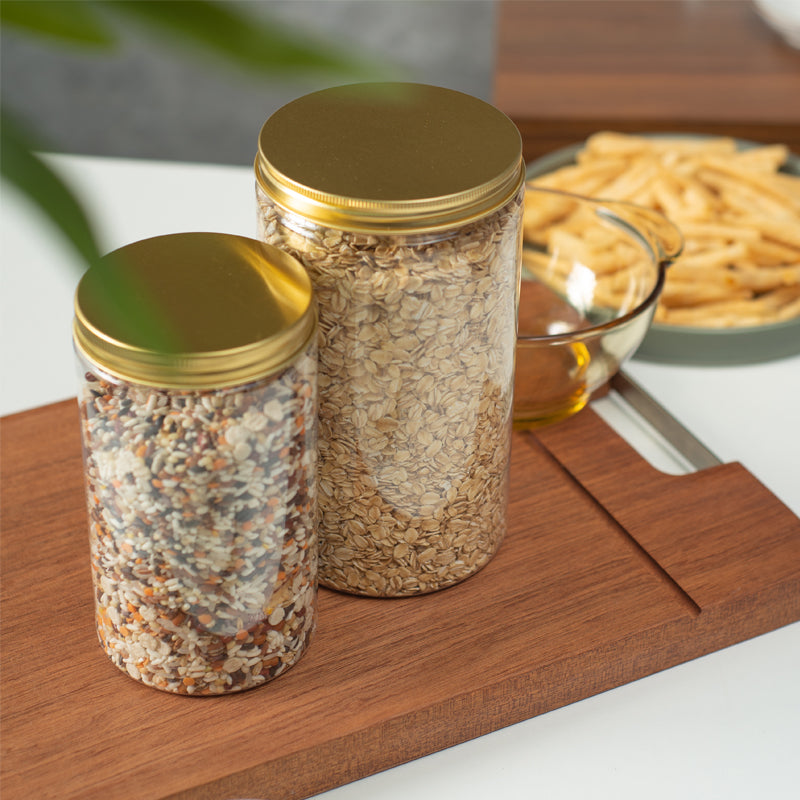 Qızıl alüminium qapaqlı pet möhürlənmiş banka şəffaf plastik şüşə qida dərəcəli dəyirmi qalınlaşdırılmış bal biskvit qablaşdırma bareli qapaqlı