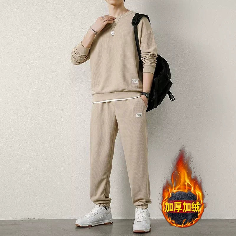 Endirimli Endirim: Kişilər üçün Gündəlik İdman Kostyumu, Böyük Ölçülü, Vafli Örgülü, Yun Astarlı, Payız və Qış üçün Qalın Sviter və Şalvar