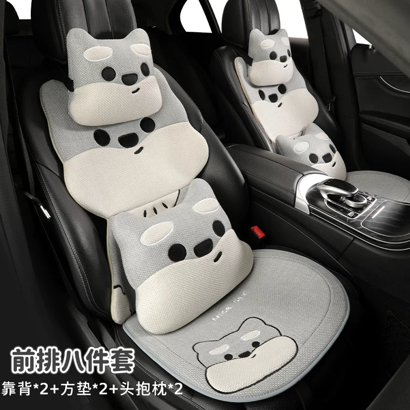 All-season cotton and linen car seat cushions, cute cartoon seat covers for girls, breathable, semi-enclosed, universal decorative cushions for fall and winter.