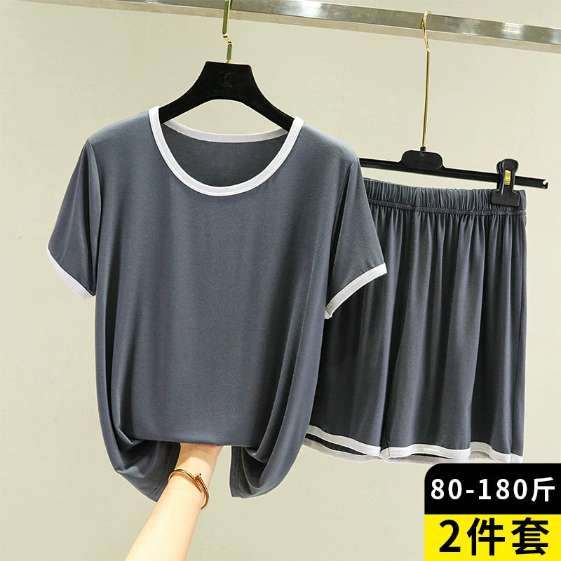 2026 Yay Modal Pijama Dəsti Qadın İncə Ev Boş Qısaqol T-Shirt Böyük Ölçülü Üst Şort İki Parçalı Dəst
