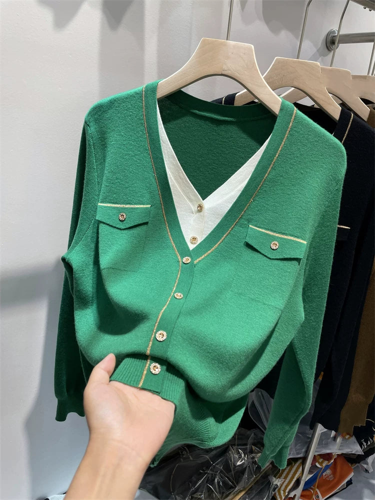 Loose and slimming [80-200 pounds] faux two-piece knit sweater for women, autumn and winter, stylish and fashionable sweater.