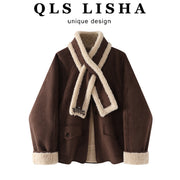 Chorlisa İsti Quzu Yunlu Dəri Gödəkçə Qadın Qış Yun Astarlı Qalın Gödəkçə Boş Motosiklet Zamşa Üst