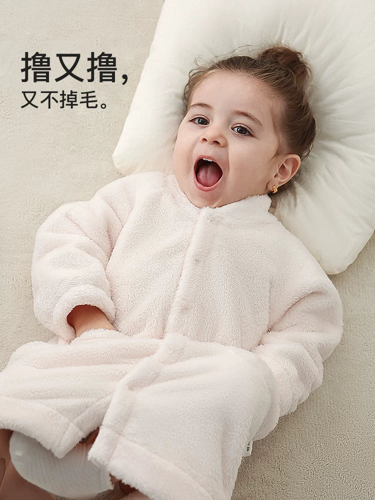 Körpə qış isti xalat, körpə pijamaları, oğlan və qızlar üçün yun astarlı, qalınlaşdırılmış uşaq mərcan yun ev xalat pijamaları