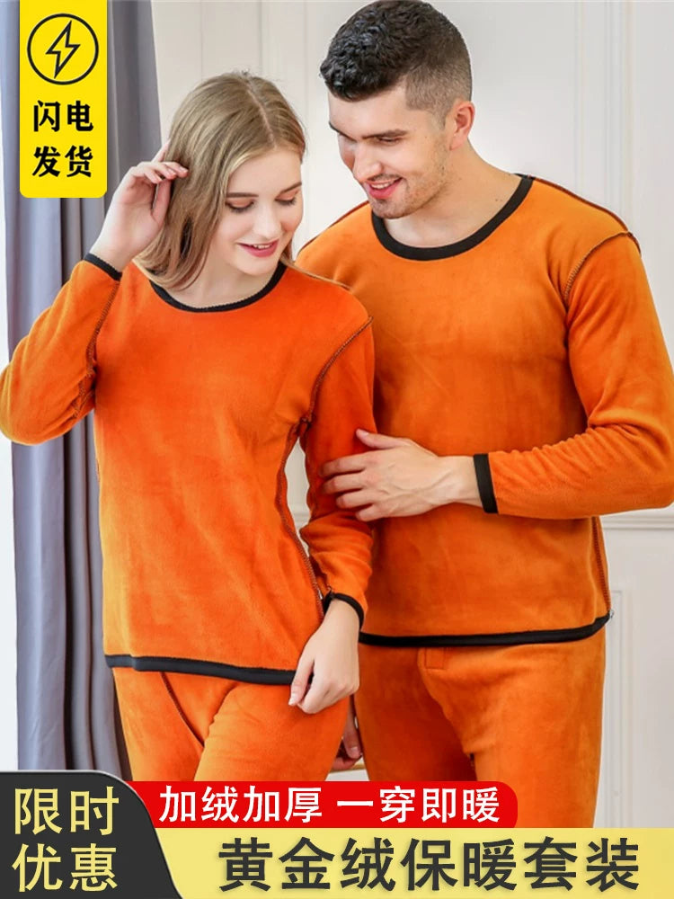 Kişilər üçün qış termal alt paltarı, qalınlaşmış flis astarlı termal alt paltarı, dairəvi yaxalı termal əsas təbəqəli pambıq alt köynək, qadın cütlük dəsti