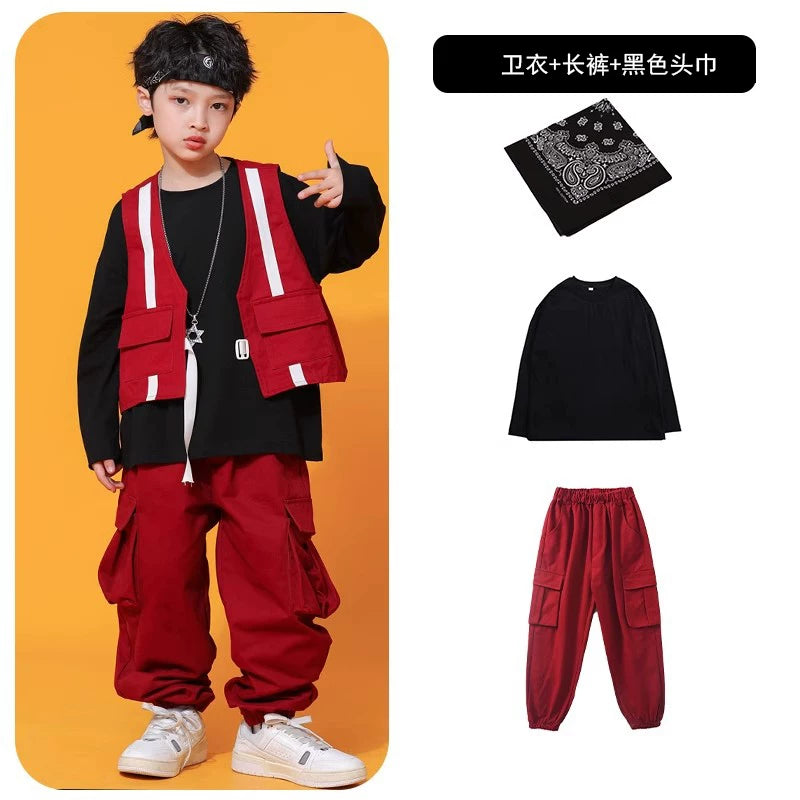 Küçə rəqsləri uşaqlar üçün dəbli, gözəl oğlanlar üçün hip-hop performansı jileti, üç hissəli hip-hop küçə performansı kostyumu.