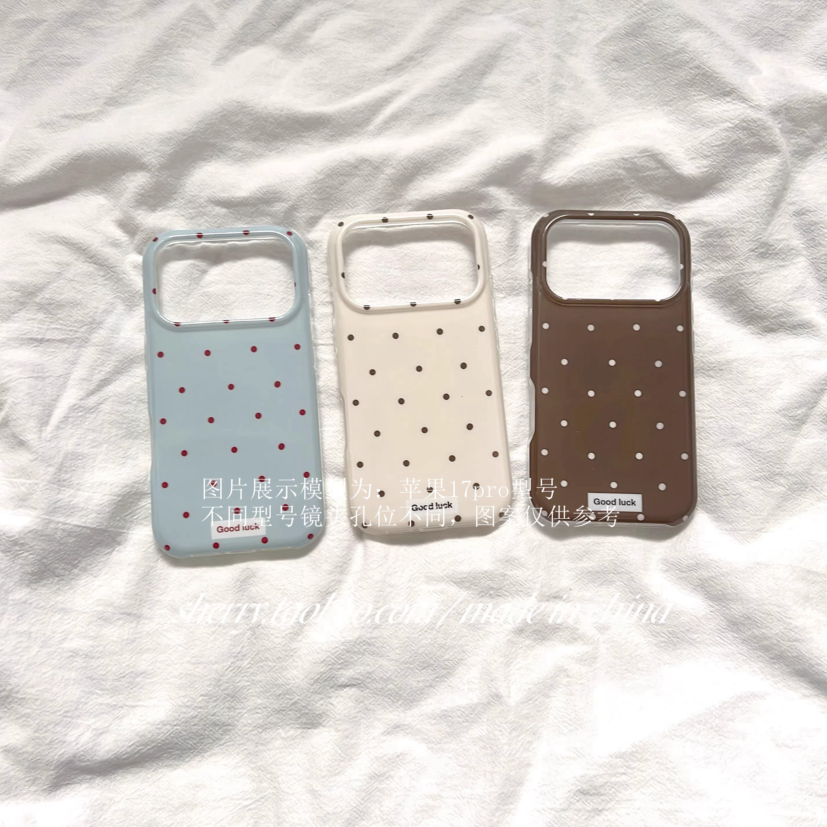 SHERRY*ins üslubu, yüksək səviyyəli üslub, zərif təzadlı rəngli polka nöqtələri, Apple 17ProMax mobil telefonu üçün uyğun iPhone16Pro niş qız ürəyi 15 sadə 14 kiçik təzə cizgi filmi sevimli payız