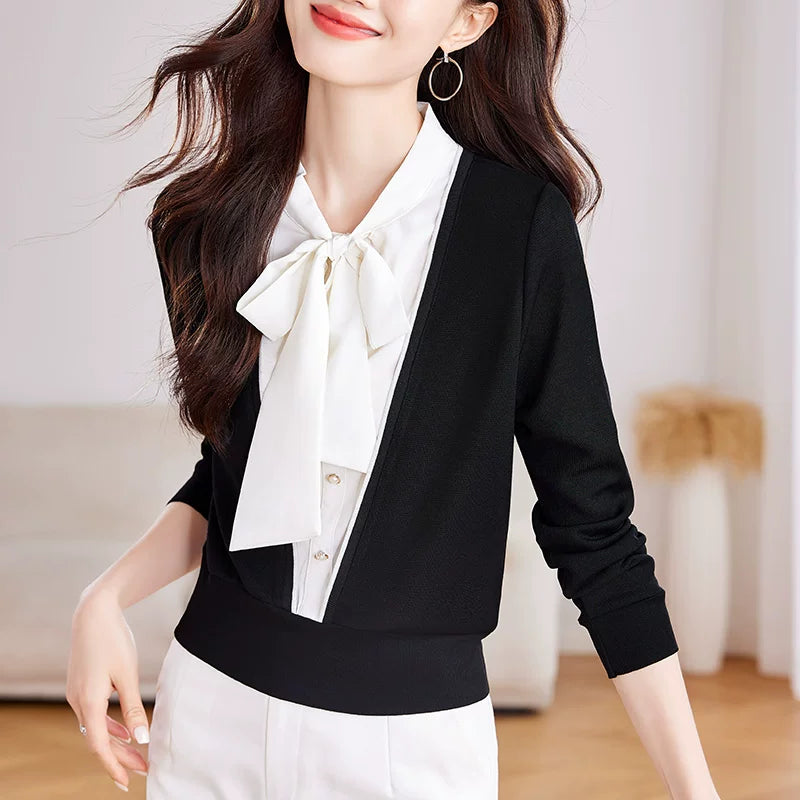 French style fashion ribbon artificial two-piece long-sleeved shirt, new autumn style for women, stylish and elegant knitted shirt