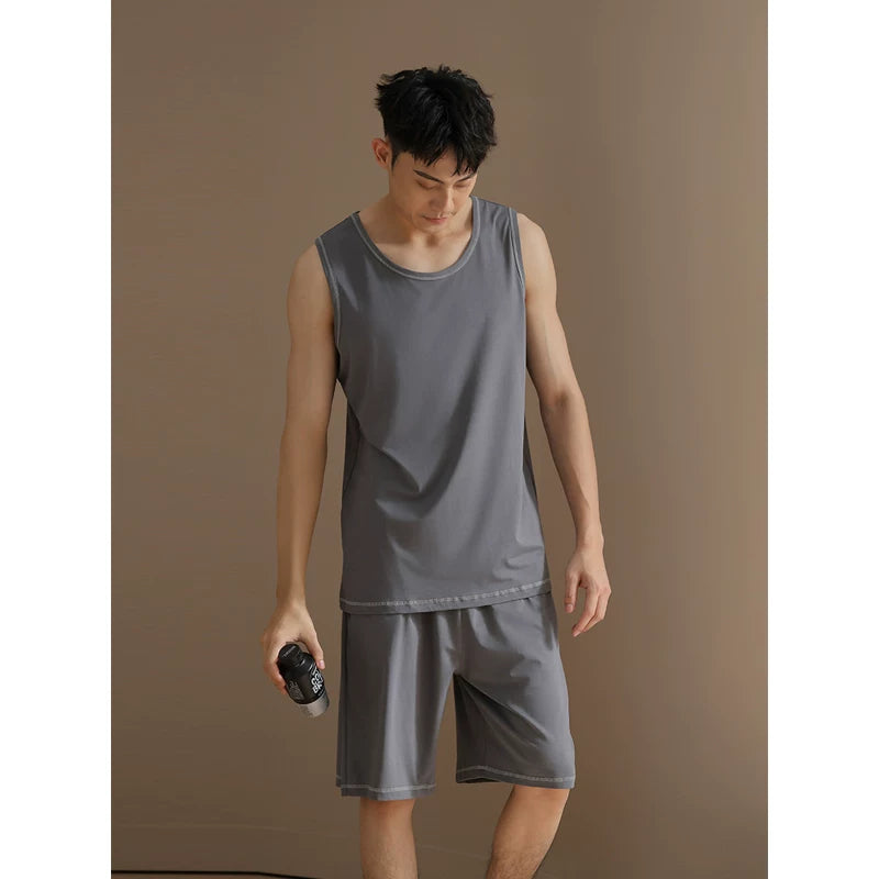 [Cool Feeling] Modal Buz İpək Pijama Kişi Yay Nazik Qısaqol Şort Yeniyetmələr Evdən Geyimi Kostyum