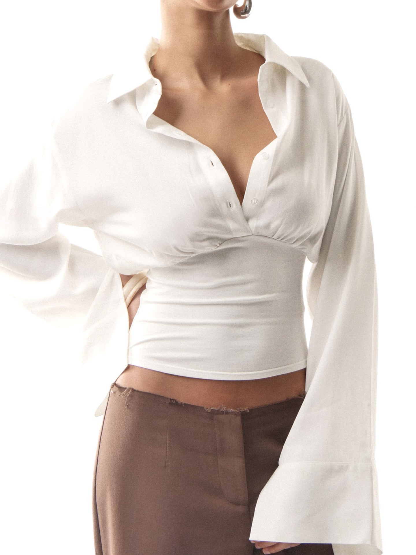 ROCKMORE [Yüksək IQ və Cazibədar Qız] Qadınlar üçün Ağ Belli, Düyməli Uzunqol Köynək, Seksual və Zərif Top